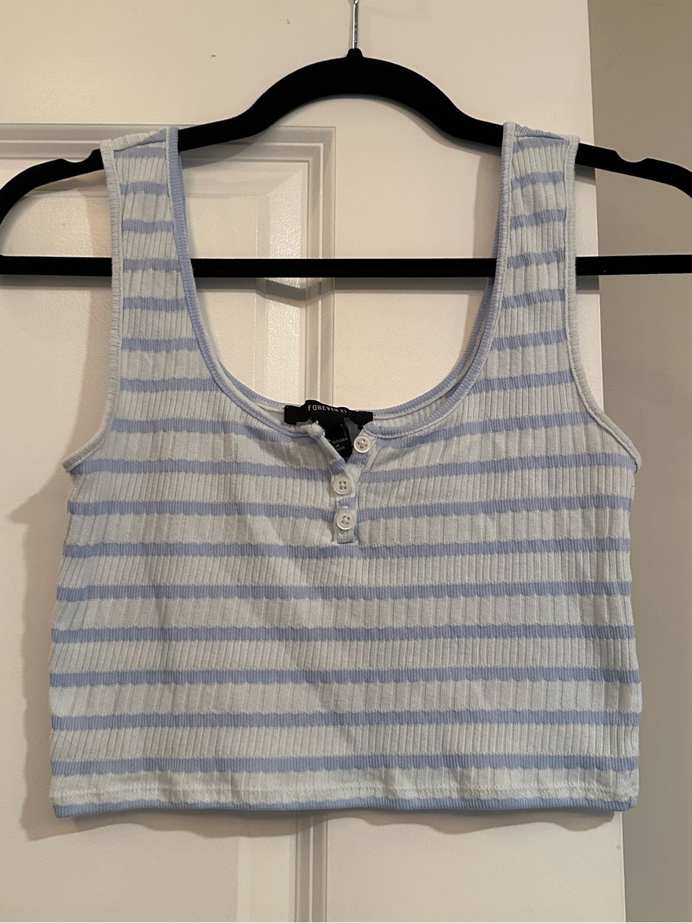 Forever 21 Small Light Blue & White Striped Ribbed Crop Tank